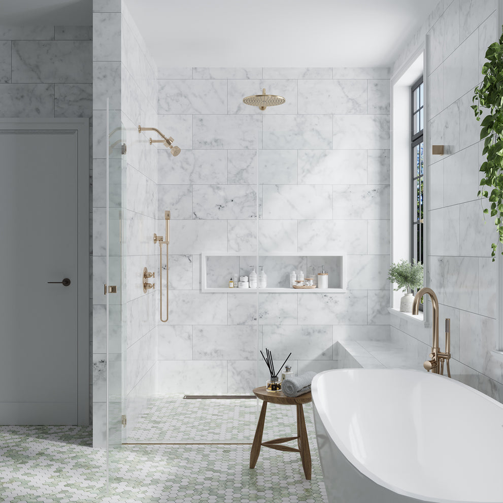 Staggered 12x24 tile patterns in white honed field Bianco Carrara marble tile