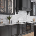 White honed Bianco Carrara marble subway tiles 4x12 installed as kitchen backsplash wall
