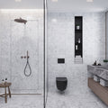 White Bianco Carrara polished marble subway tile 4x12 on bathroom wall and floor