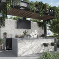 12x24 honed Calacatta Gold marble tile in white and gray on outdoor kitchen wall and island surface