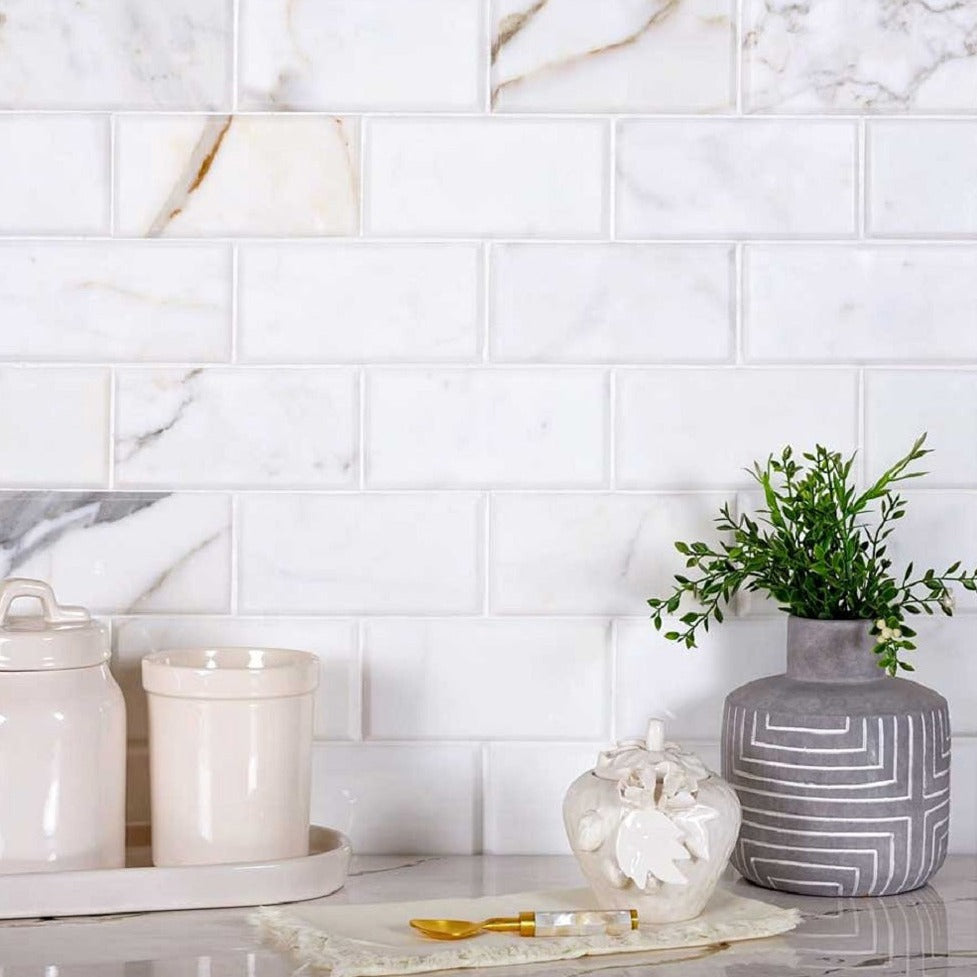 White 3x6 Marble Polished Beveled Subway Tile (40 pack, 5 sq ft/case) - Sample