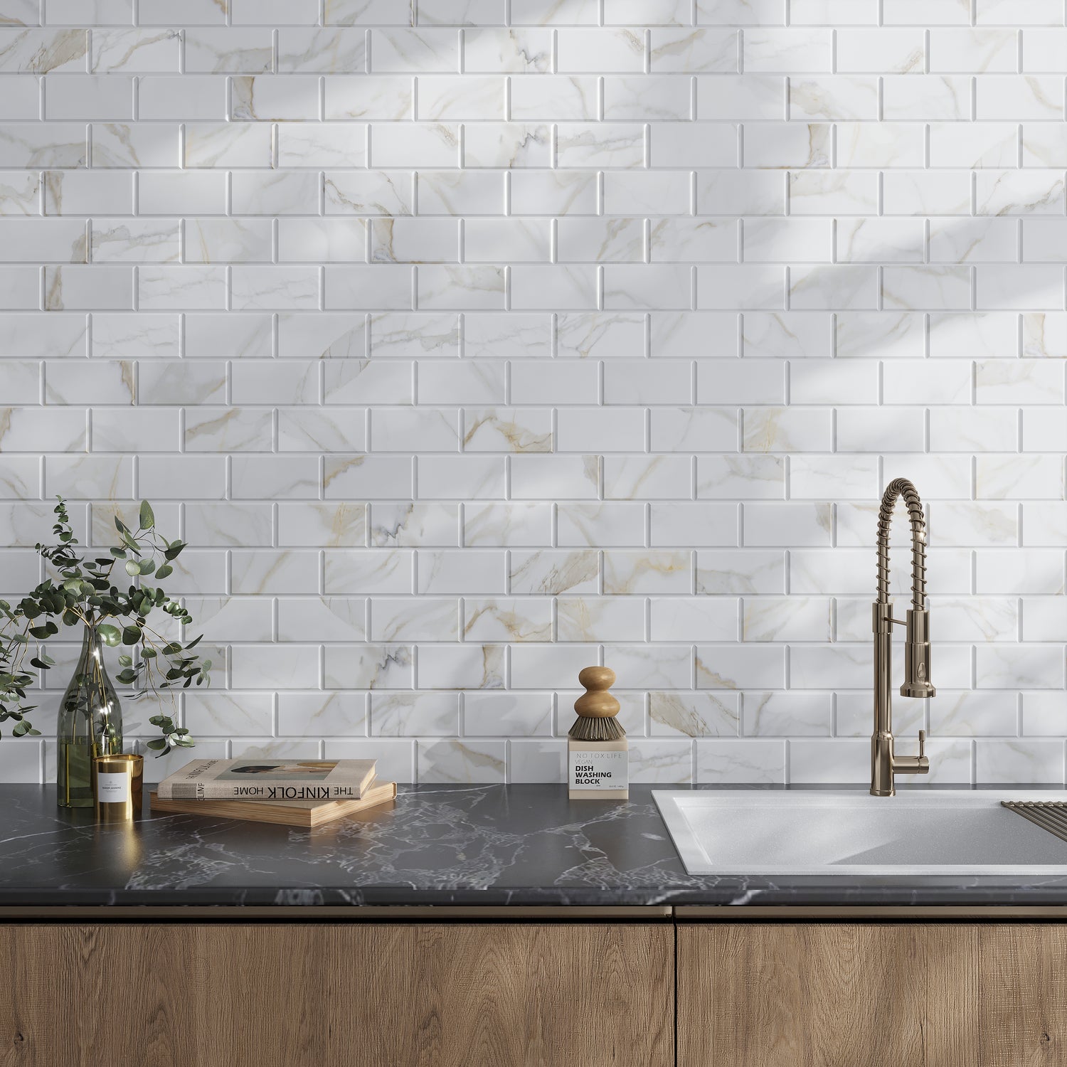 White 3x6 Polished Beveled Subway Calacatta Gold Marble Tile (40 pack, 5 sq ft/case)