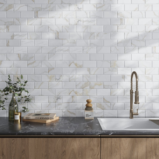 White 3x6 Polished Beveled Subway Calacatta Gold Marble Tile (40 pack, 5 sq ft/case)