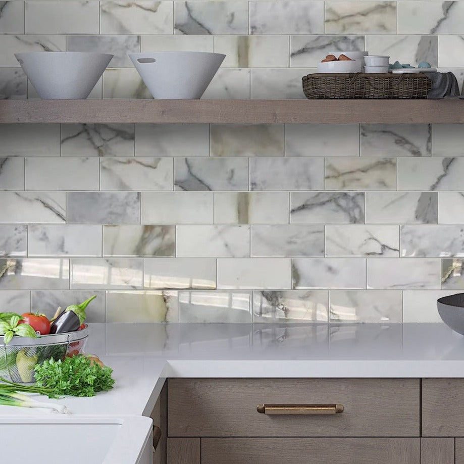 White 3x6 Polished Marble Subway Tile (40 pack, 5 sq ft/case) - Sample