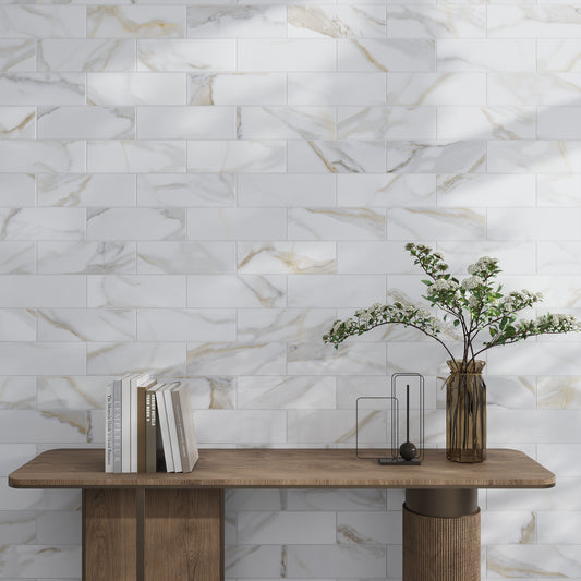 White 4x12 Honed Subway Calacatta Gold Marble Tile (15 pack, 5 sq ft/case)