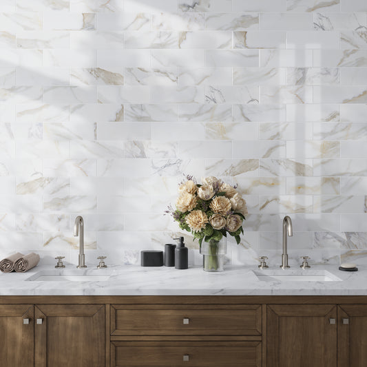 White 4x12 Polished Subway Calacatta Gold Marble Tile (15 pack, 5 sq ft/case)