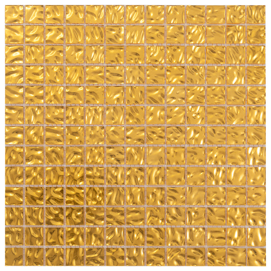 shiny textured gold glass mosaic tile sheet with glossy square tiles for wall decor