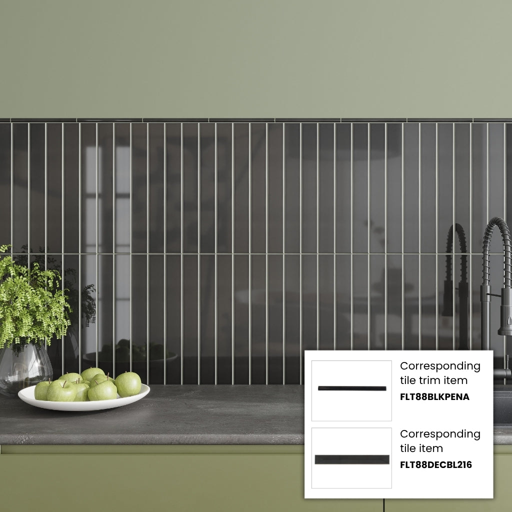 Jet Black 0.5x8 Glossy Ceramic Pencil Tile Trim (10 pack, 0.27 sq ft/case)