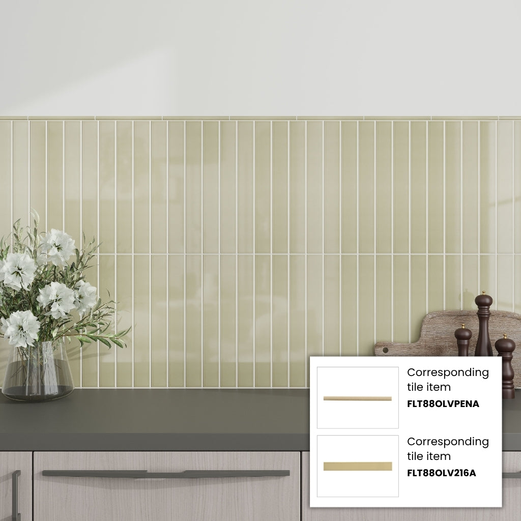 Soft Olive 0.5x8 Glossy Ceramic Pencil Tile Trim (10 pack, 0.27 sq ft/case)