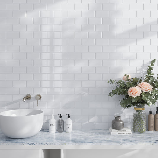 White 3x6 Polished Beveled Subway Marble Tile (40 pack, 5 sq ft/case) - Sample