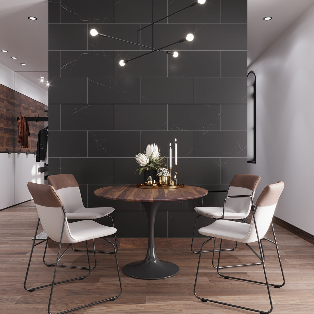 Eastern black honed rectangle marble large format tile in a half staggered layout pattern