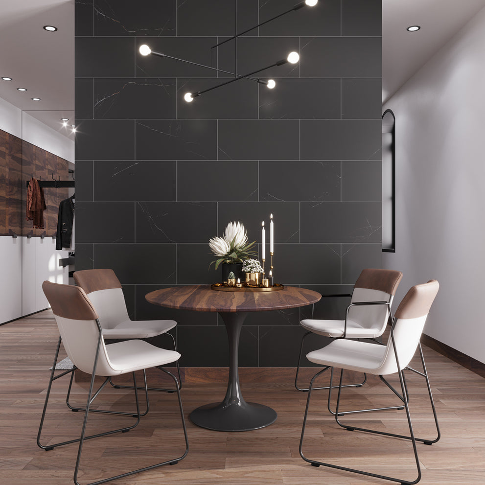 Large format staggered 12x24 tile patterns in eastern black honed rectangle brick marble large format tile