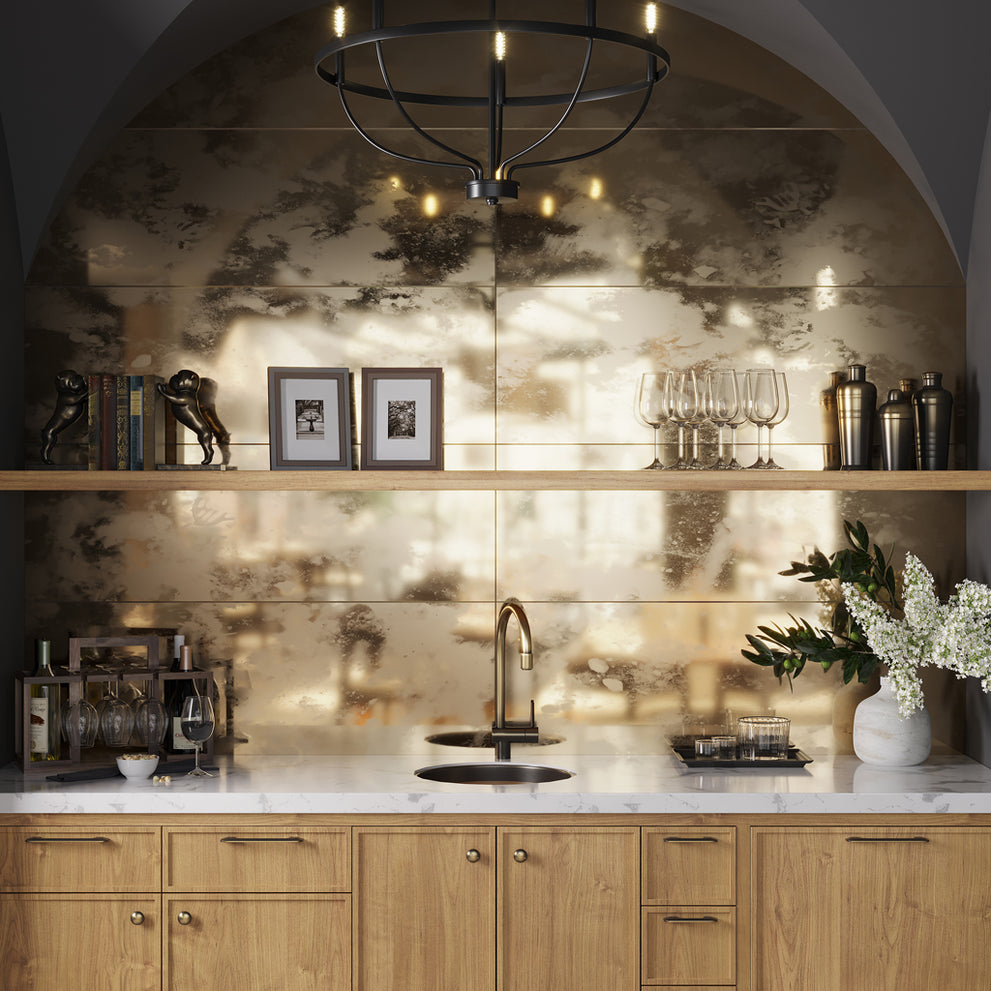 Front door entry tile ideas in honey gold metallic-look ceramic wall accent