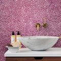 Orchid pink glossy matte multi-shaped glass mosaic tile on bathroom wall