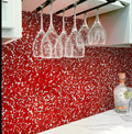 Red glossy matte multi-shaped glass mosaic tile backsplash with pebble-like texture, 11x11 inches