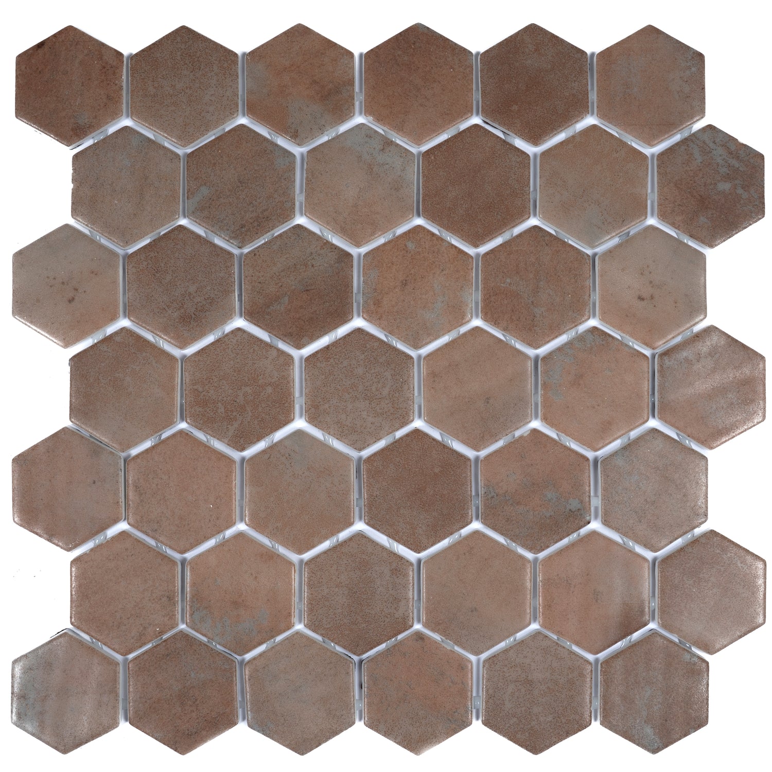 Taupe matte recycled glass hexagon mosaic tile with varied taupe tones and smooth texture