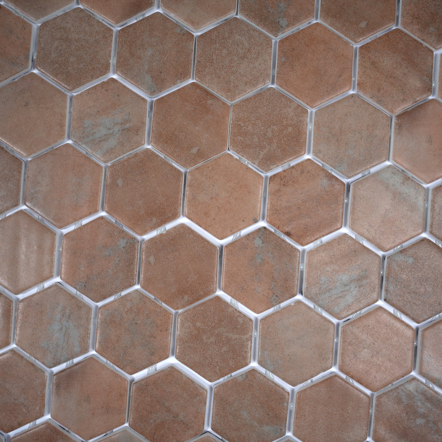 taupe matte recycled glass hexagon mosaic tile with varied taupe shades and subtle texture