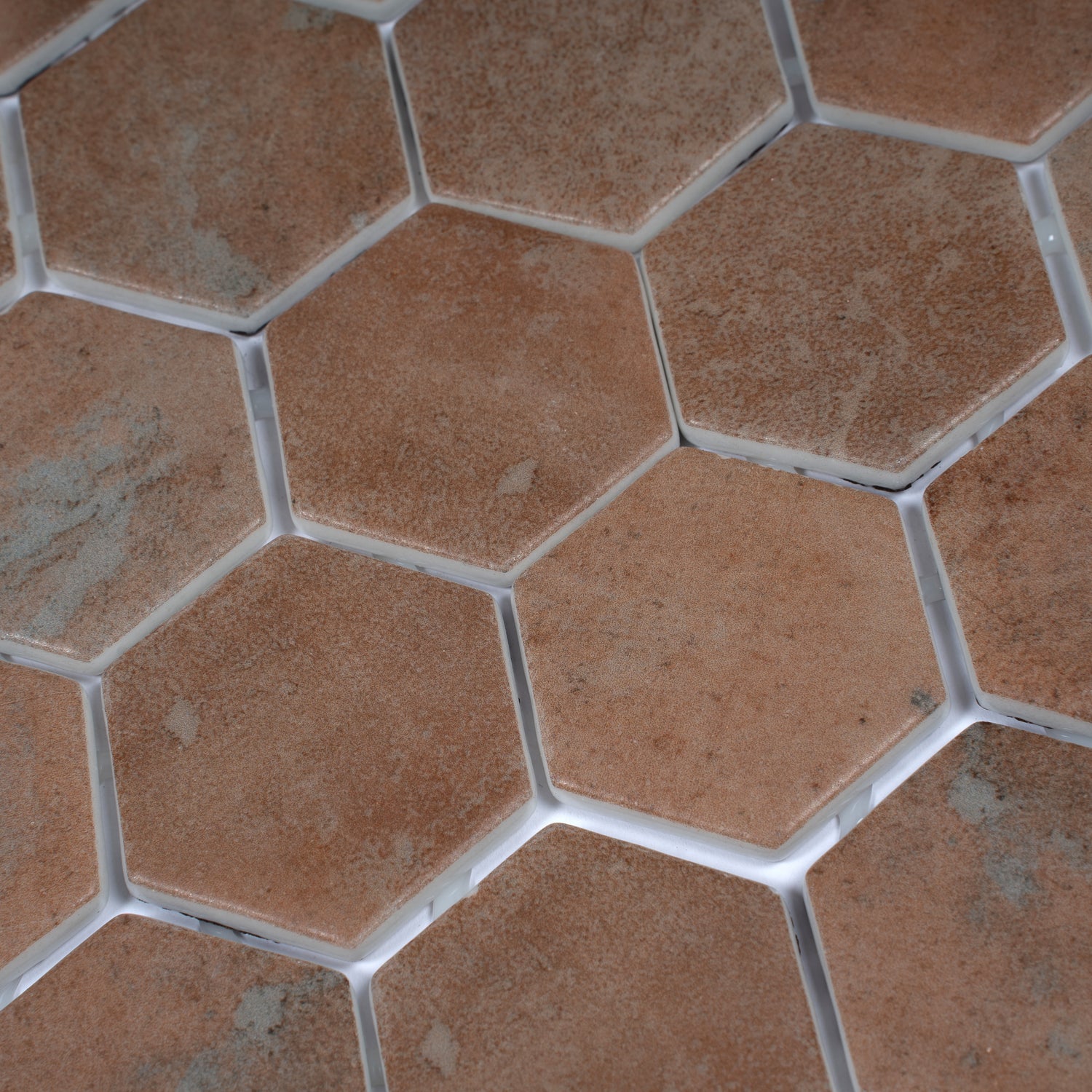 taupe matte recycled glass hexagon mosaic tile 12x12 with grout lines