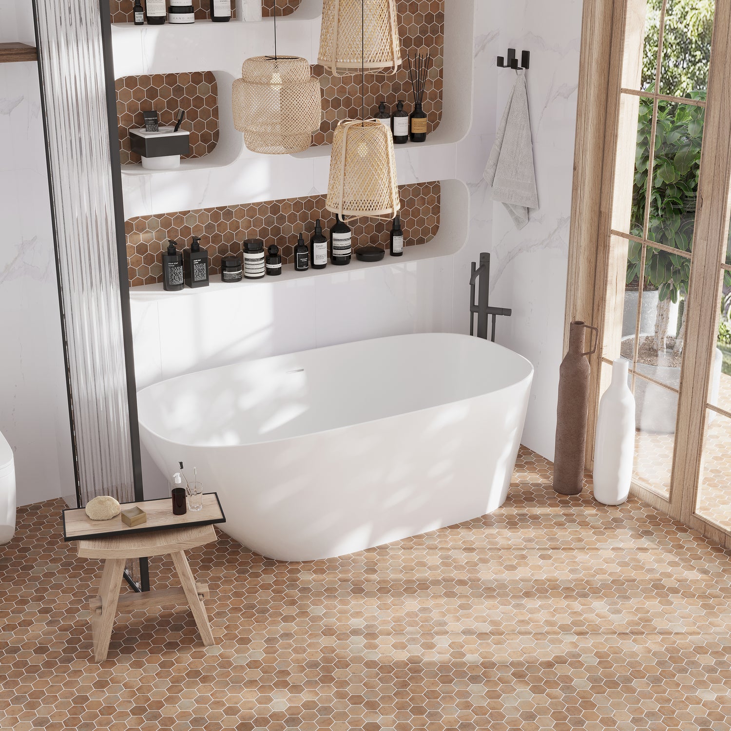 taupe hexagon mosaic tile floor and wall featuring matte recycled glass finish in modern bathroom setting