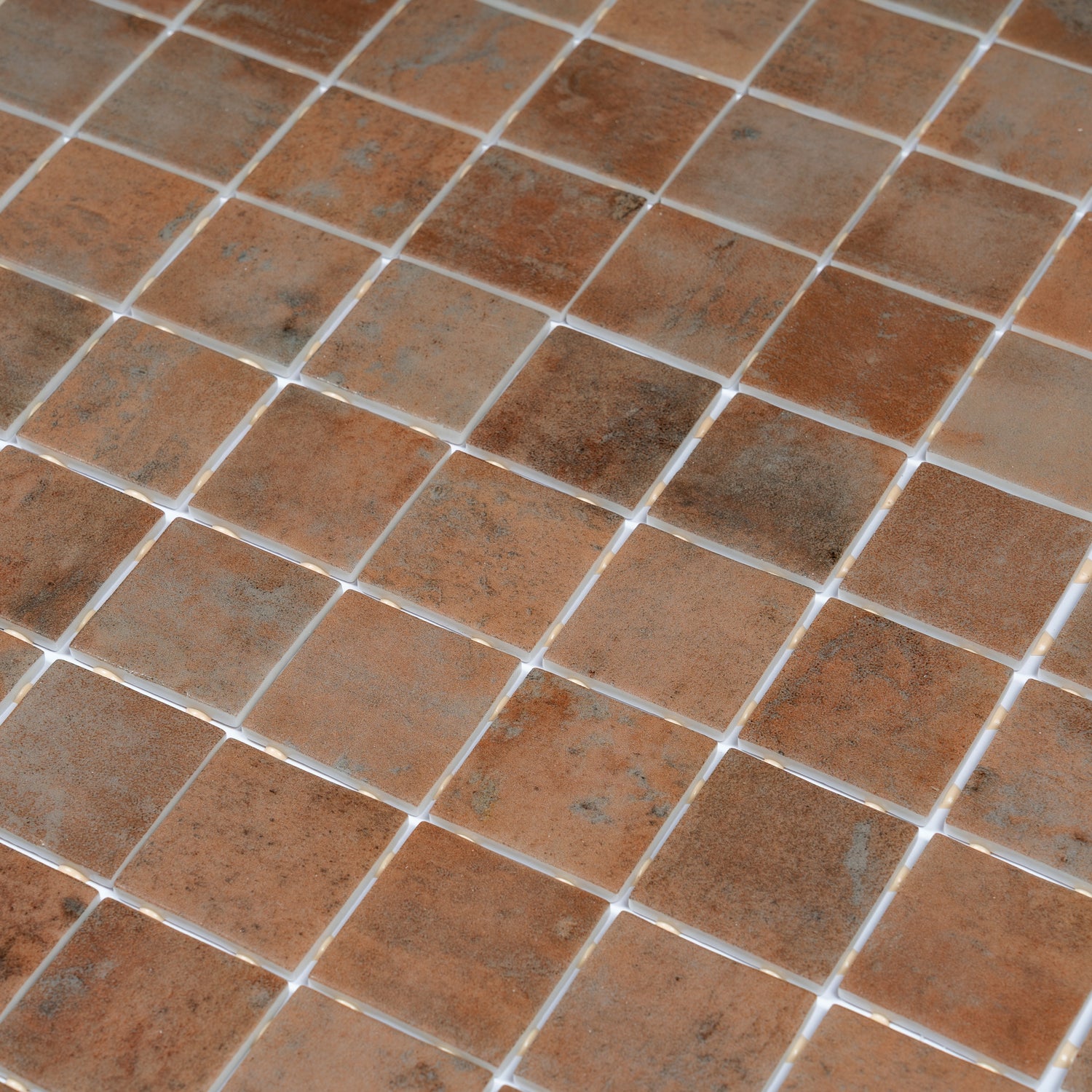 taupe matte recycled glass square mosaic tile with subtle texture and varied shades