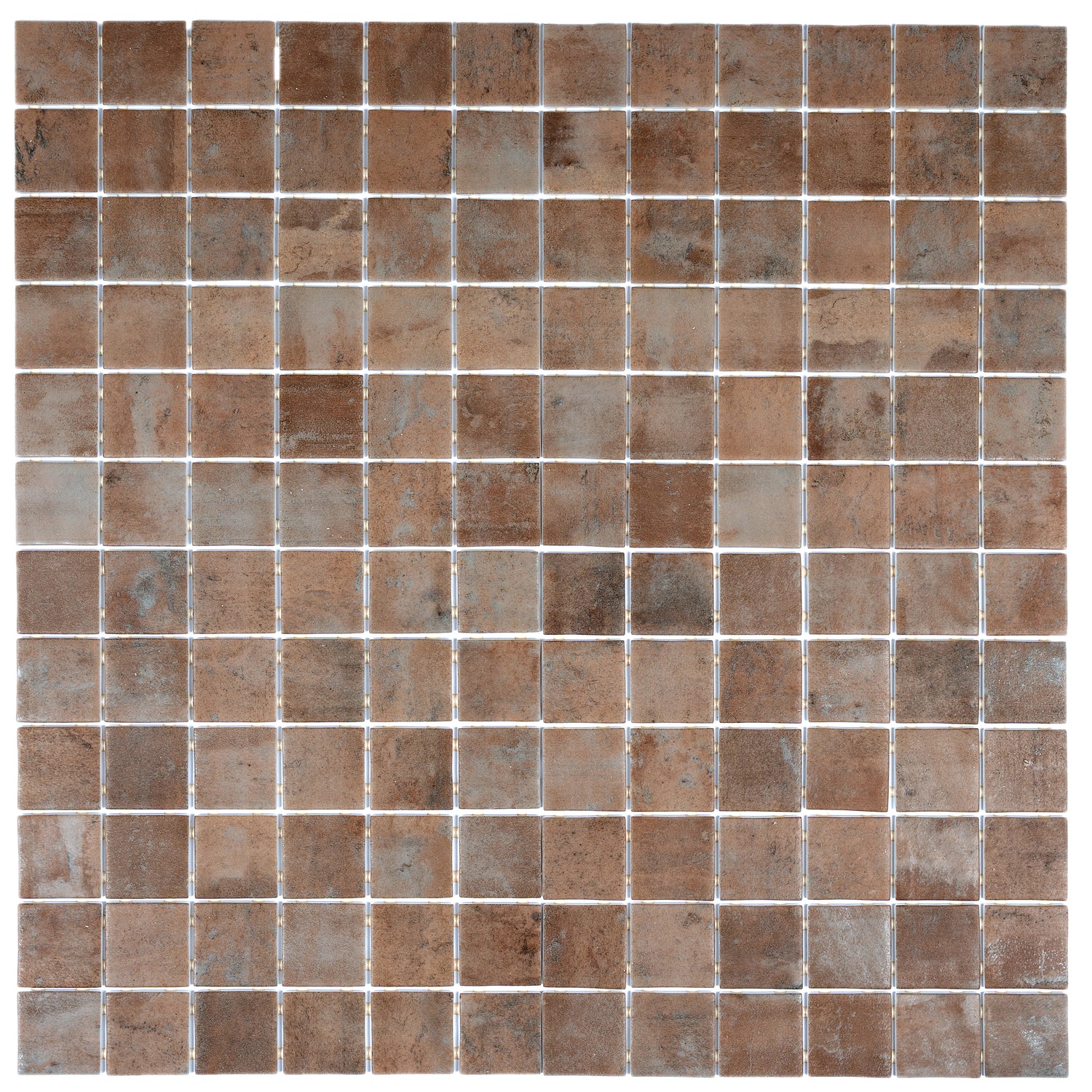 Taupe matte recycled glass square mosaic tile sheet with 12x12 inch dimensions and textured finish