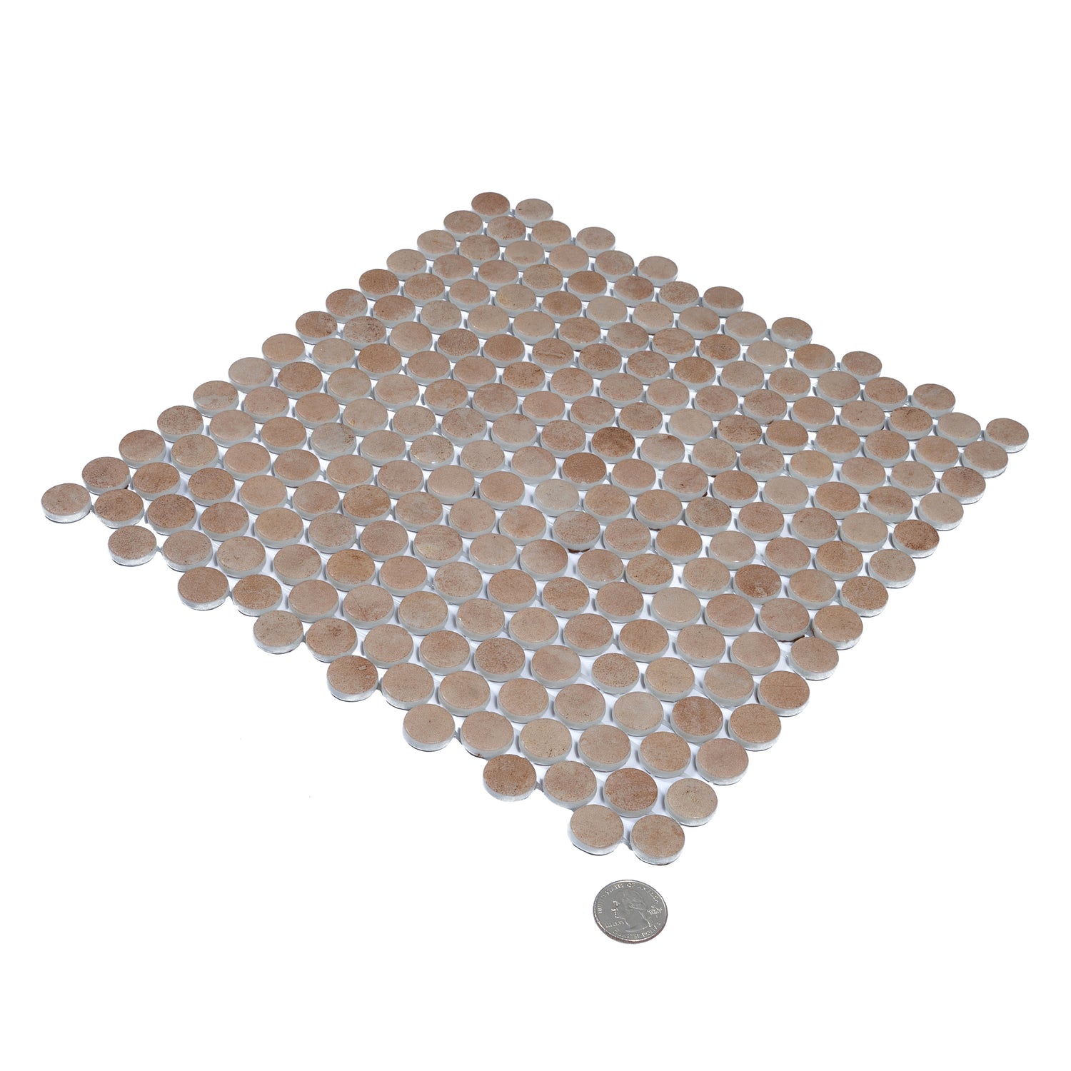 Taupe matte recycled glass round mosaic tile sheet, 12x12 inches, 10.56 sq ft per case
