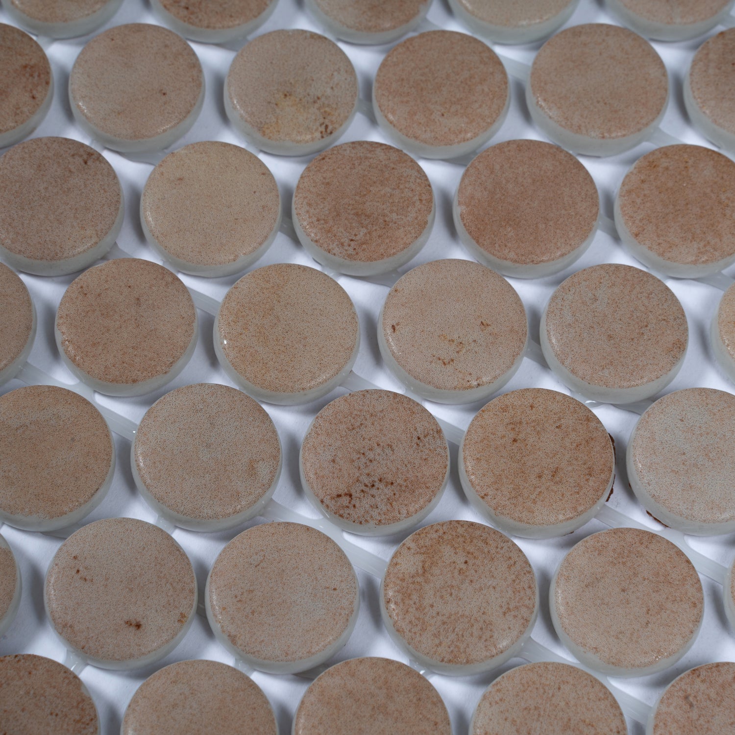 Taupe matte recycled glass round mosaic tiles arranged on white mesh backing