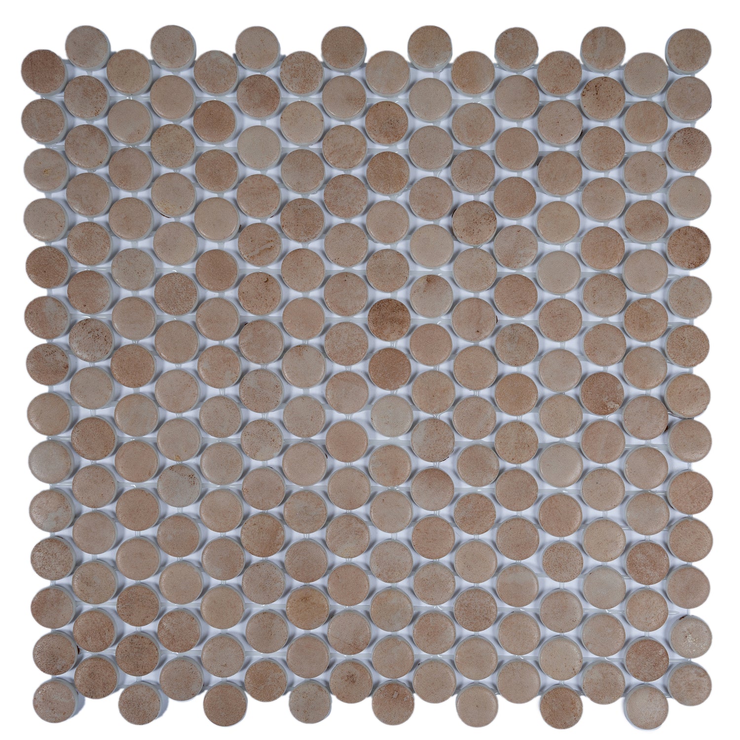 Taupe matte recycled glass round mosaic tile sheet with 12x12 inch size and variable taupe shades