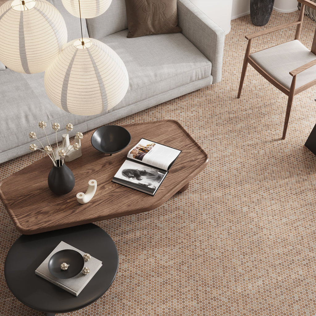 Taupe matte recycled glass round mosaic tiles in 12x12 layout with varied shades creating textured floor