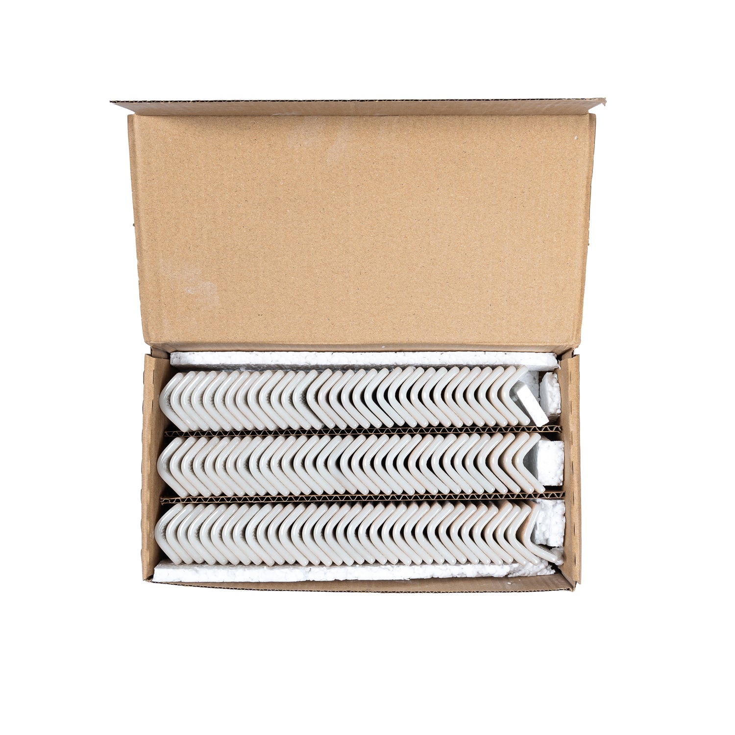 Clay beige matte recycled glass corner tiles stacked in cardboard box, 2x2 size, 96 pack