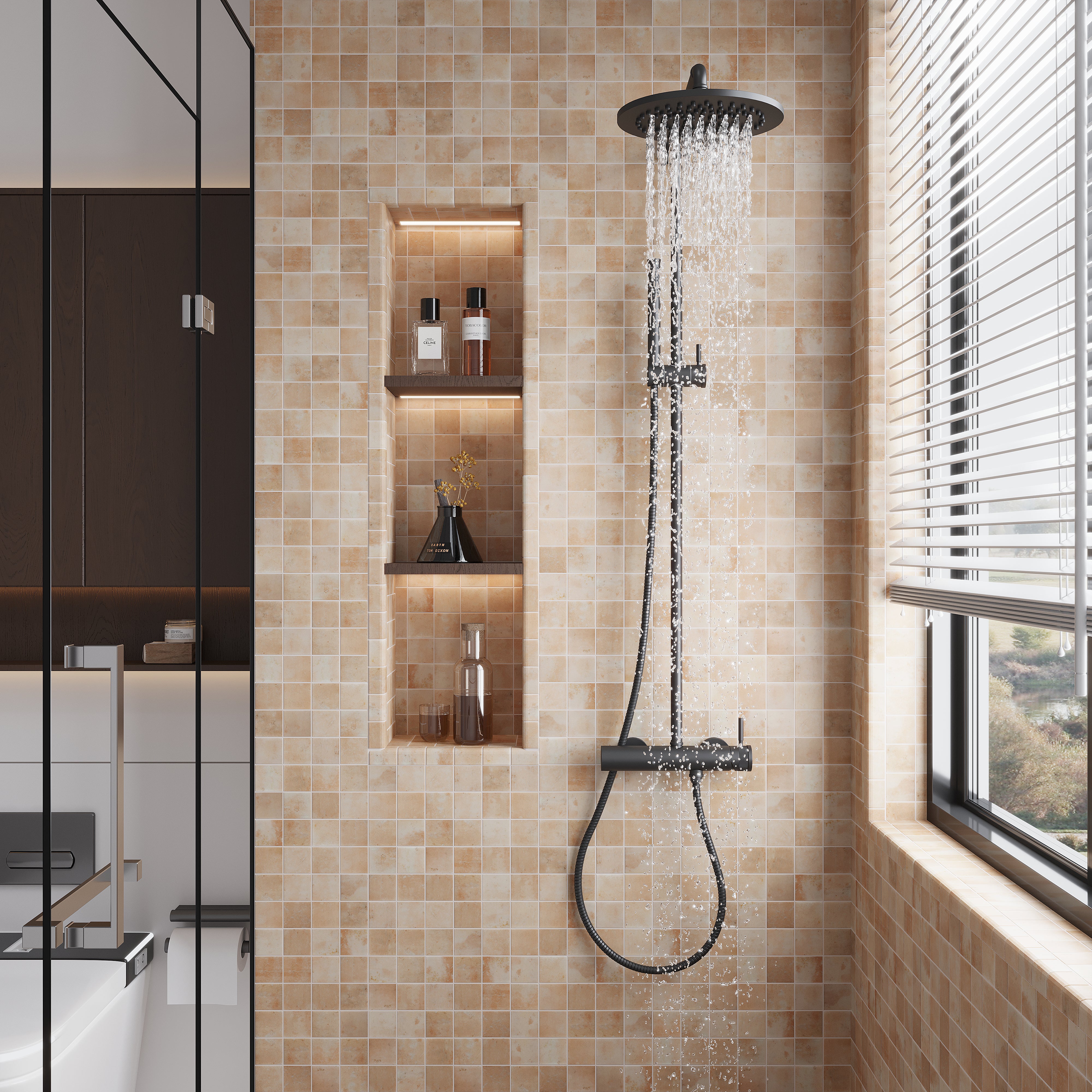 Recycled glass beige mosaic tile in a non-slip geometric square shape