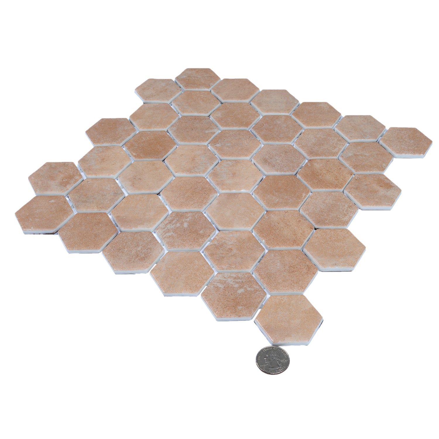matte clay beige 12x12 hexagon recycled glass mosaic tile sheet with textured surface