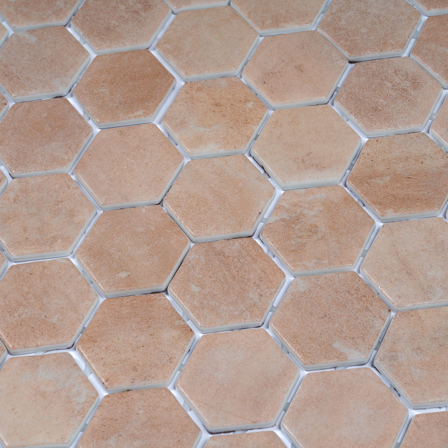 matte clay beige hexagon recycled glass mosaic tiles 12x12 size with white grout