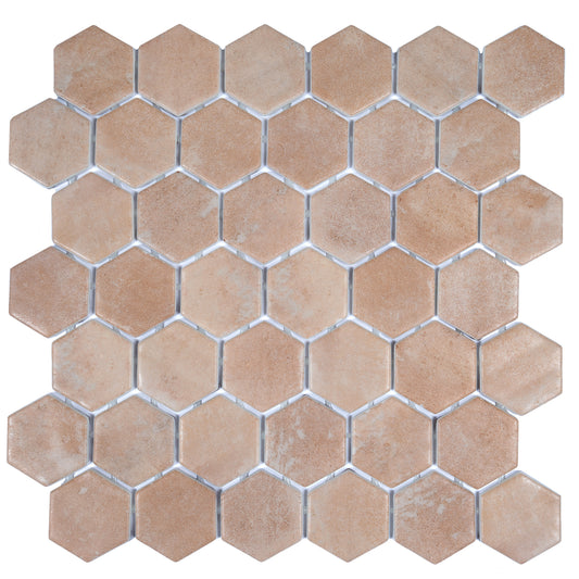 Hexagon mosaic tiles in clay beige matte recycled glass 12x12 sheet 5.28 sq ft case