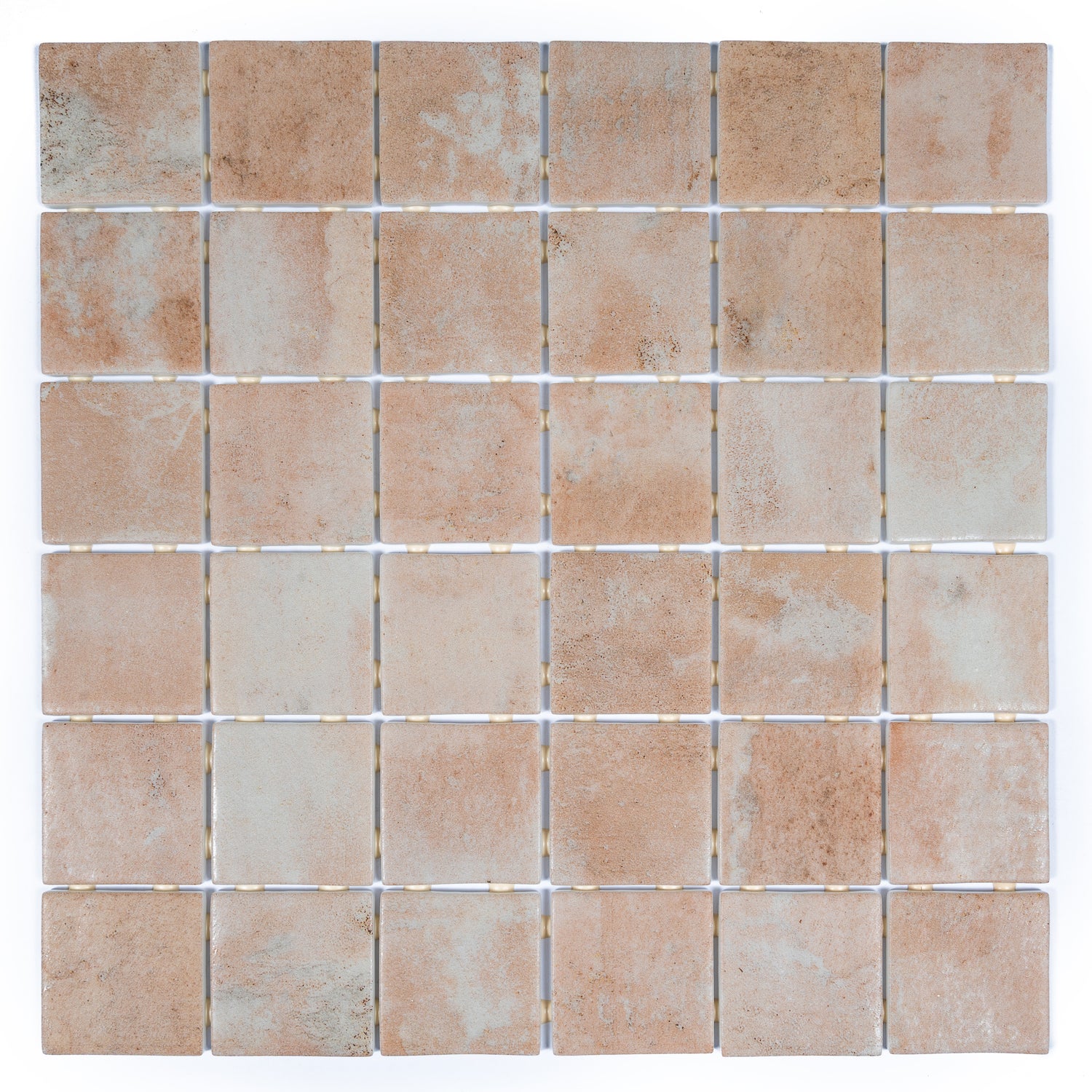 Clay beige matte recycled glass square mosaic tiles arranged in grid, 12x12 inches