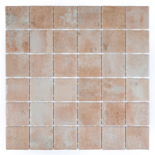 Clay beige matte recycled glass square mosaic tiles arranged in grid, 12x12 inches