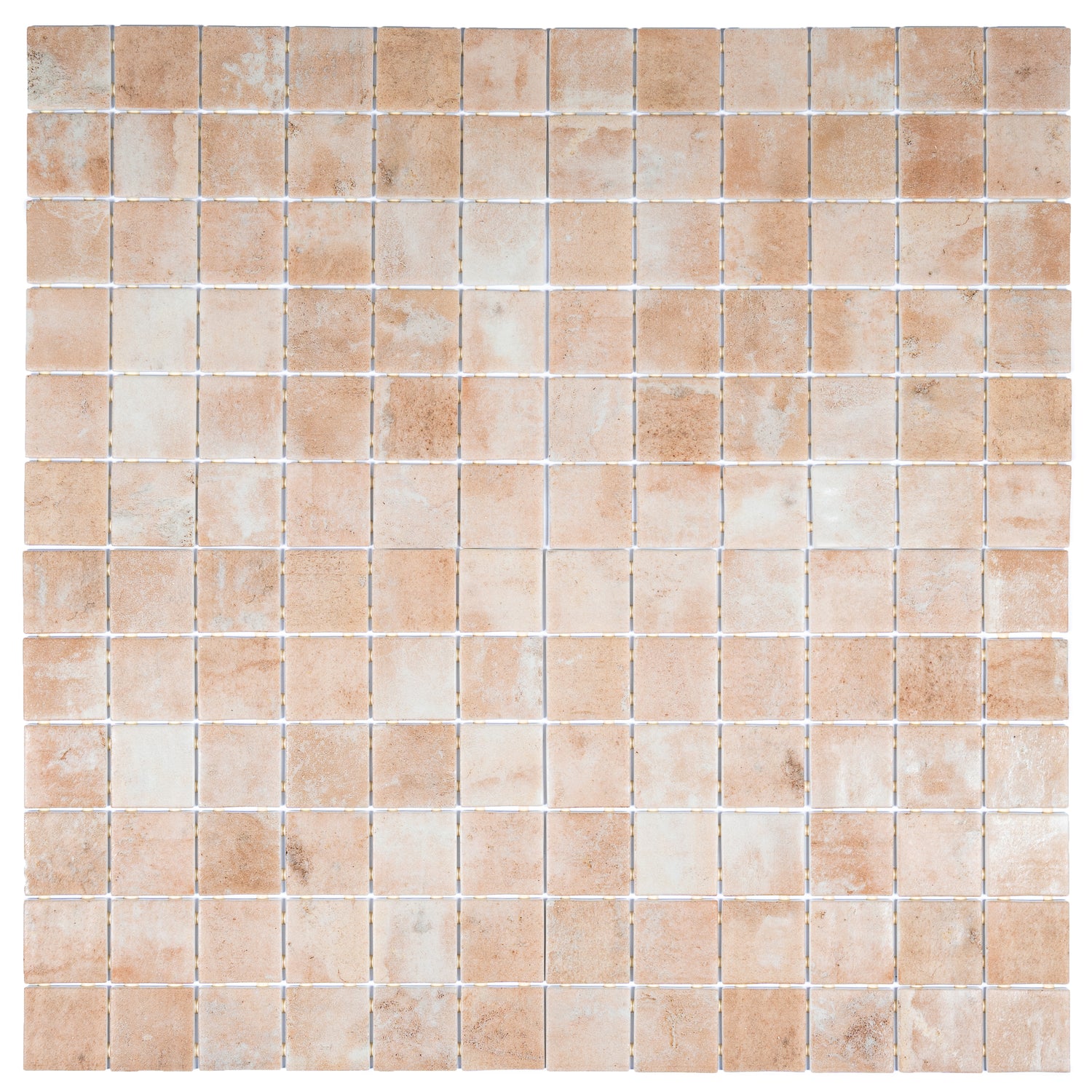 clay beige 12x12 matte recycled glass square mosaic tile with varied textured surface in warm tones