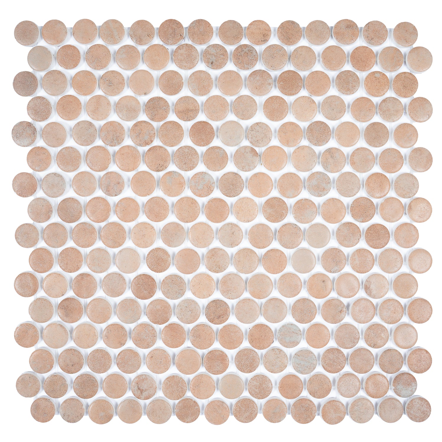 clay beige 12x12 matte recycled glass round mosaic tile sheet with 10.56 sq ft coverage
