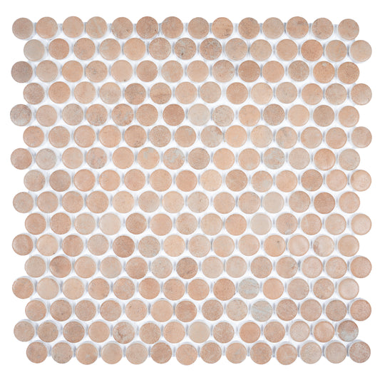 clay beige 12x12 matte recycled glass round mosaic tile sheet with 10.56 sq ft coverage