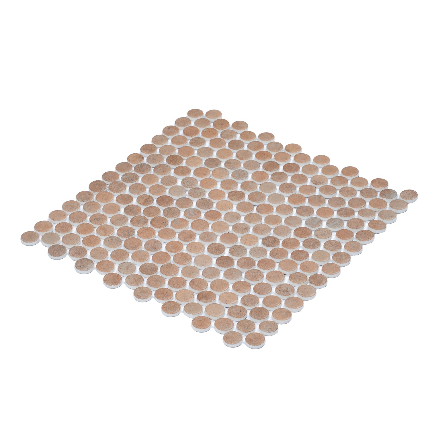 clay beige 12x12 matte recycled glass round mosaic tile sheet with varied beige tones