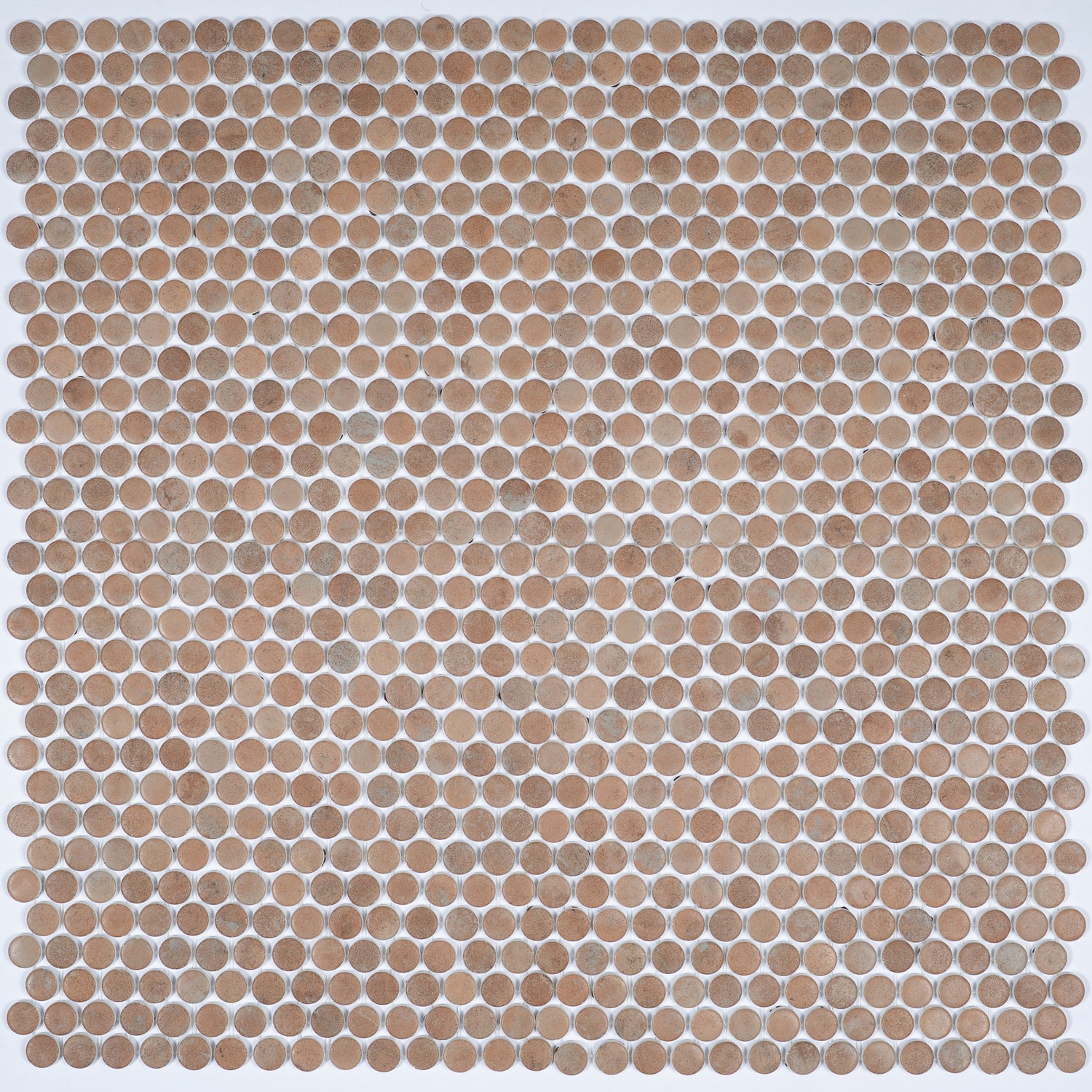 clay beige 12x12 matte recycled glass round mosaic tile sheet with various beige tones