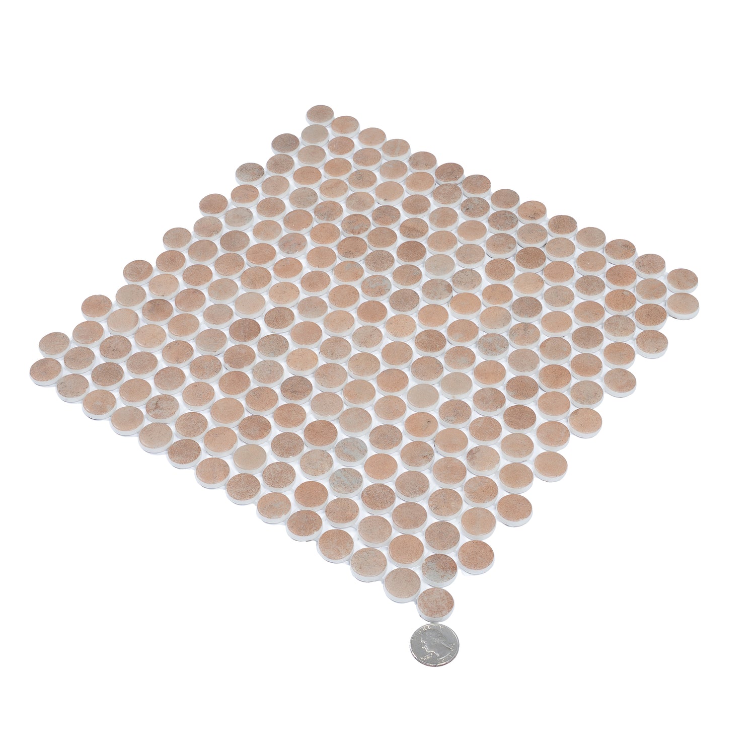 Clay beige 12x12 matte recycled glass round mosaic tile sheet with small circular tiles in varied beige tones