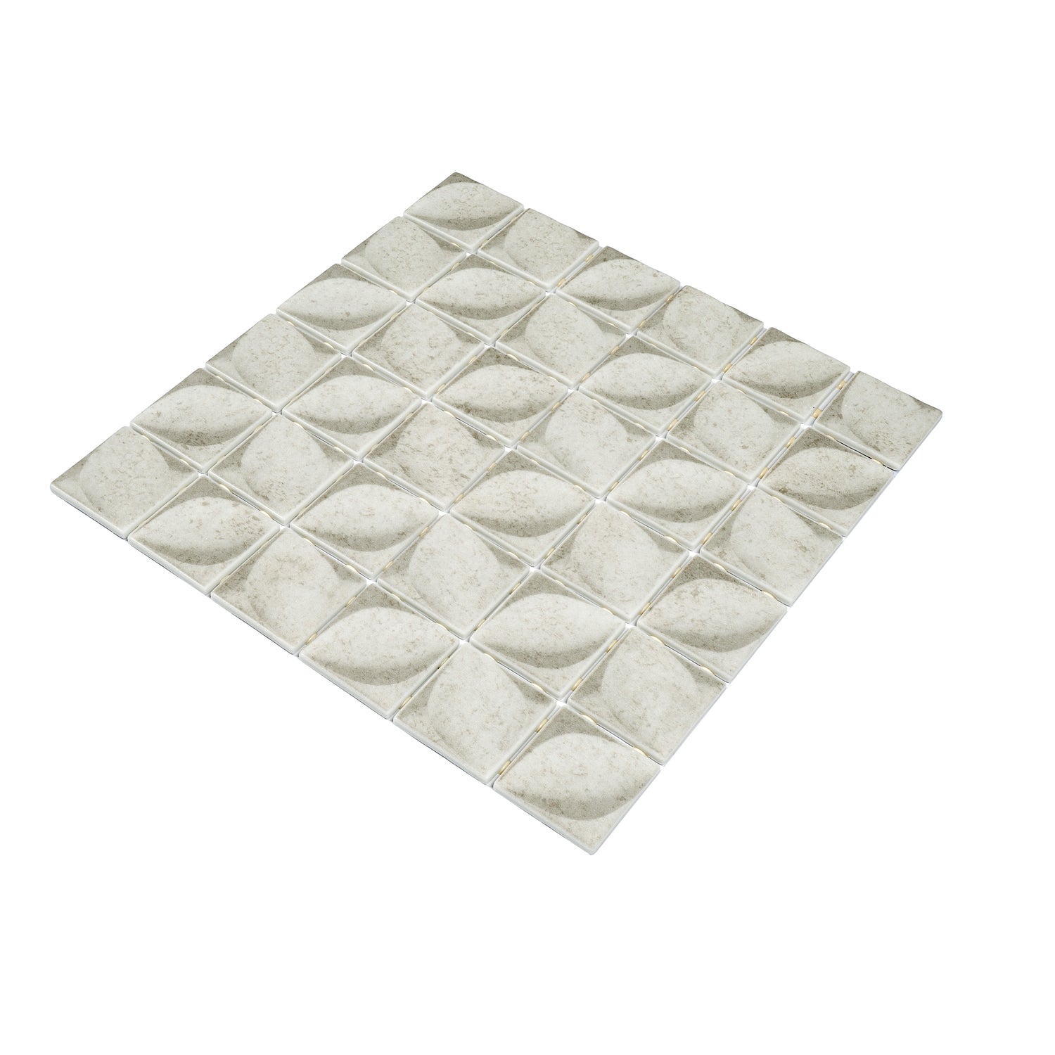 beige matte recycled glass square mosaic tile sheet measuring 12x12 inches