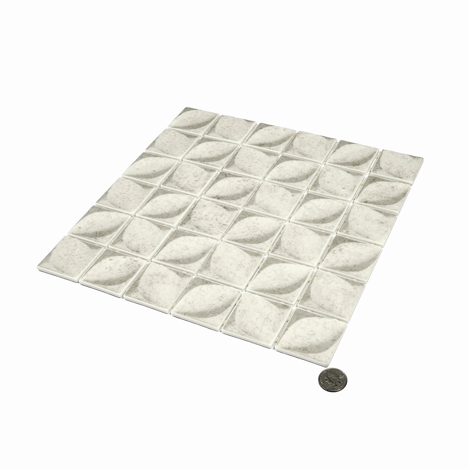 beige matte recycled glass square mosaic tiles measuring 12x12 inches with textured leaf pattern