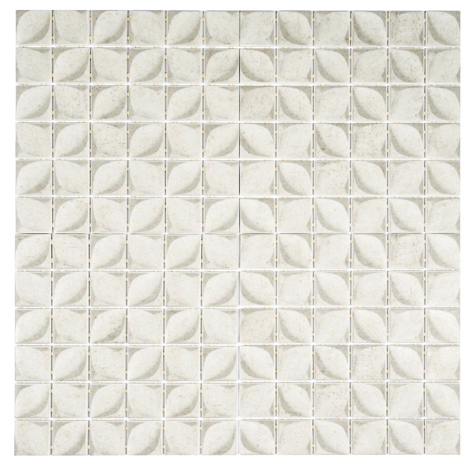 Beige 12x12 matte recycled glass mosaic tile with square shapes and leaf pattern, 10.6 sq ft per case