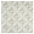 beige matte recycled glass square mosaic tile arranged in a 12x12 grid with leaf-like patterns