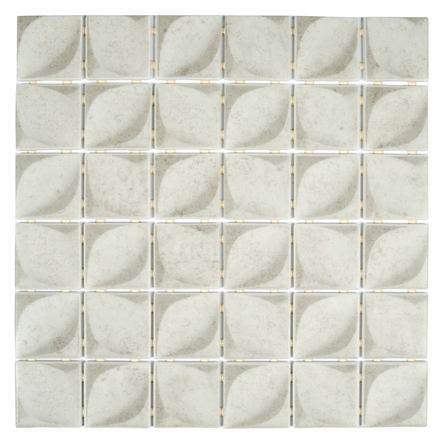 beige matte recycled glass square mosaic tile arranged in a 12x12 grid with leaf-like patterns