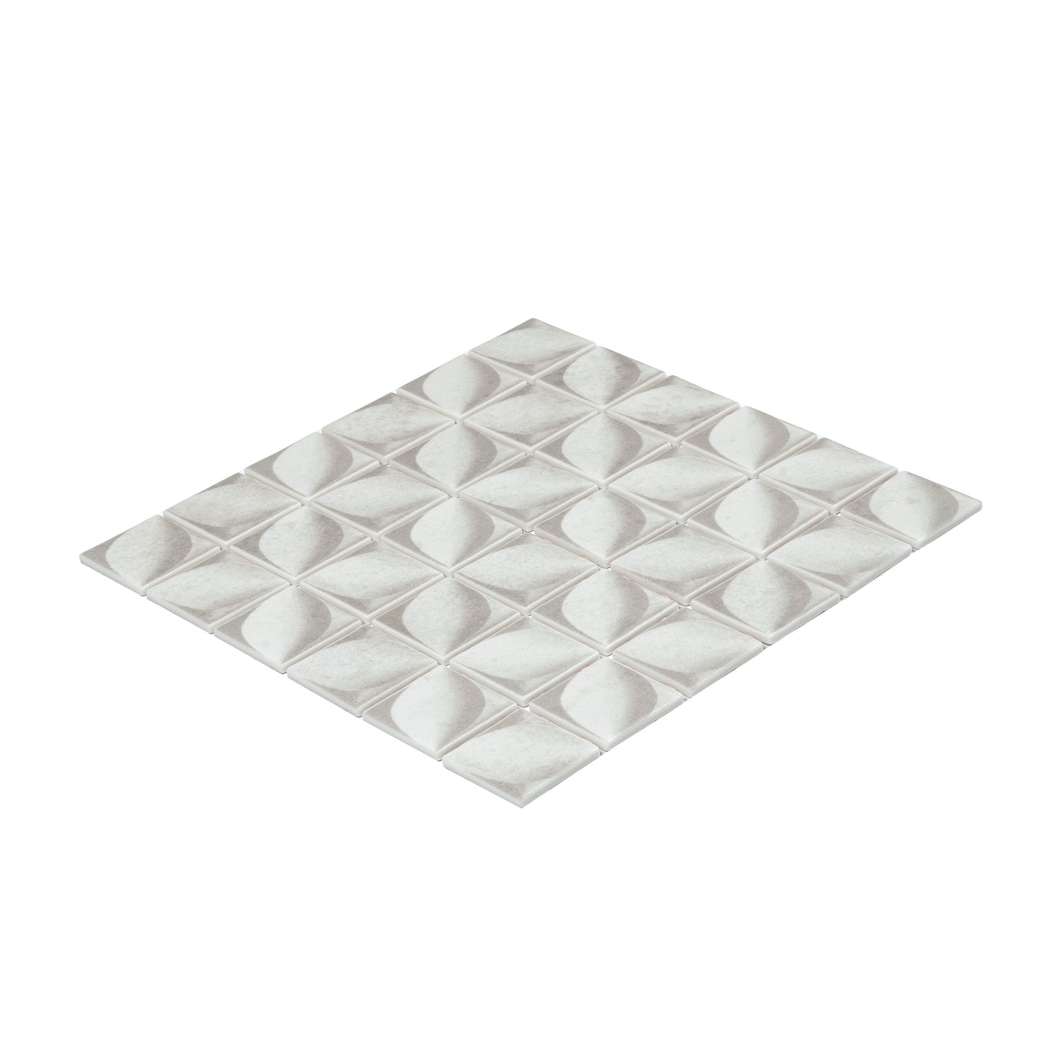 matte misty gray 12x12 recycled glass mosaic tile squares with subtle leaf pattern