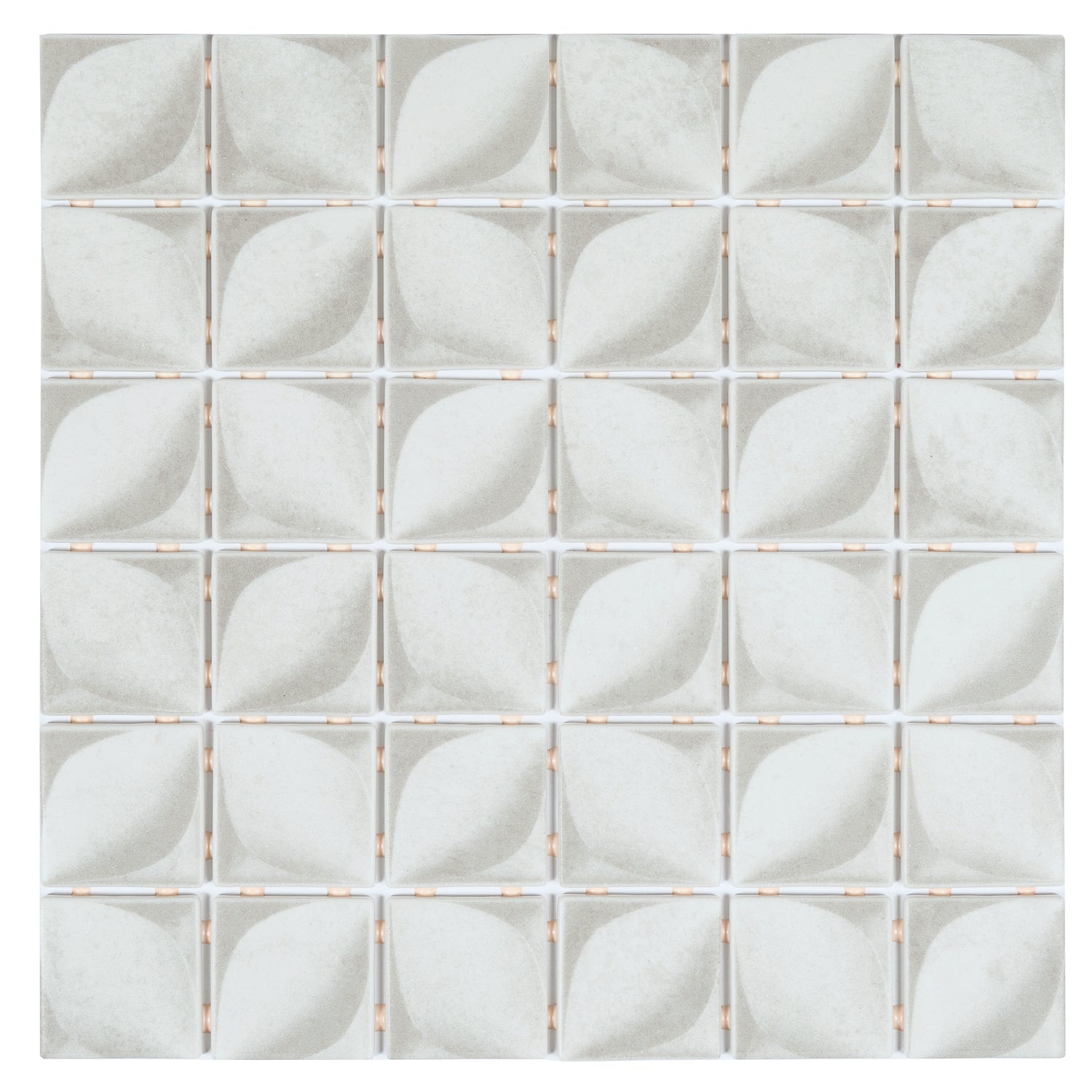Misty gray 12x12 matte recycled glass square mosaic tile with leaf pattern, 10.6 sq ft case