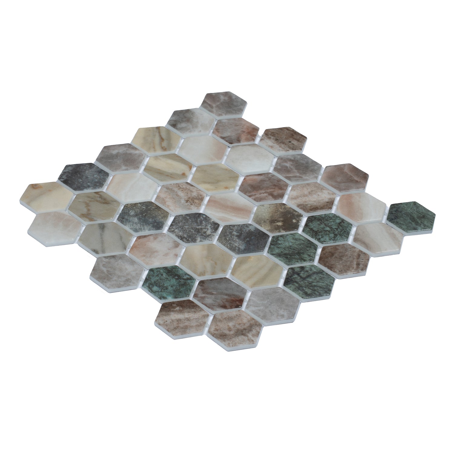 green beige matte recycled glass hexagon mosaic tiles with varied natural stone patterns